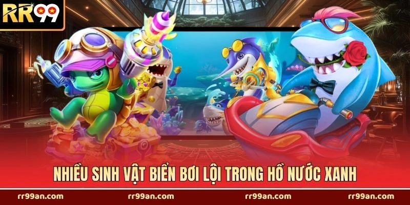 Nhiều sinh vật biển bơi lội trong hồ nước xanh